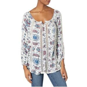Lucky Brand Peasant Boho Embroidered Floral White/Blue/Pink Top